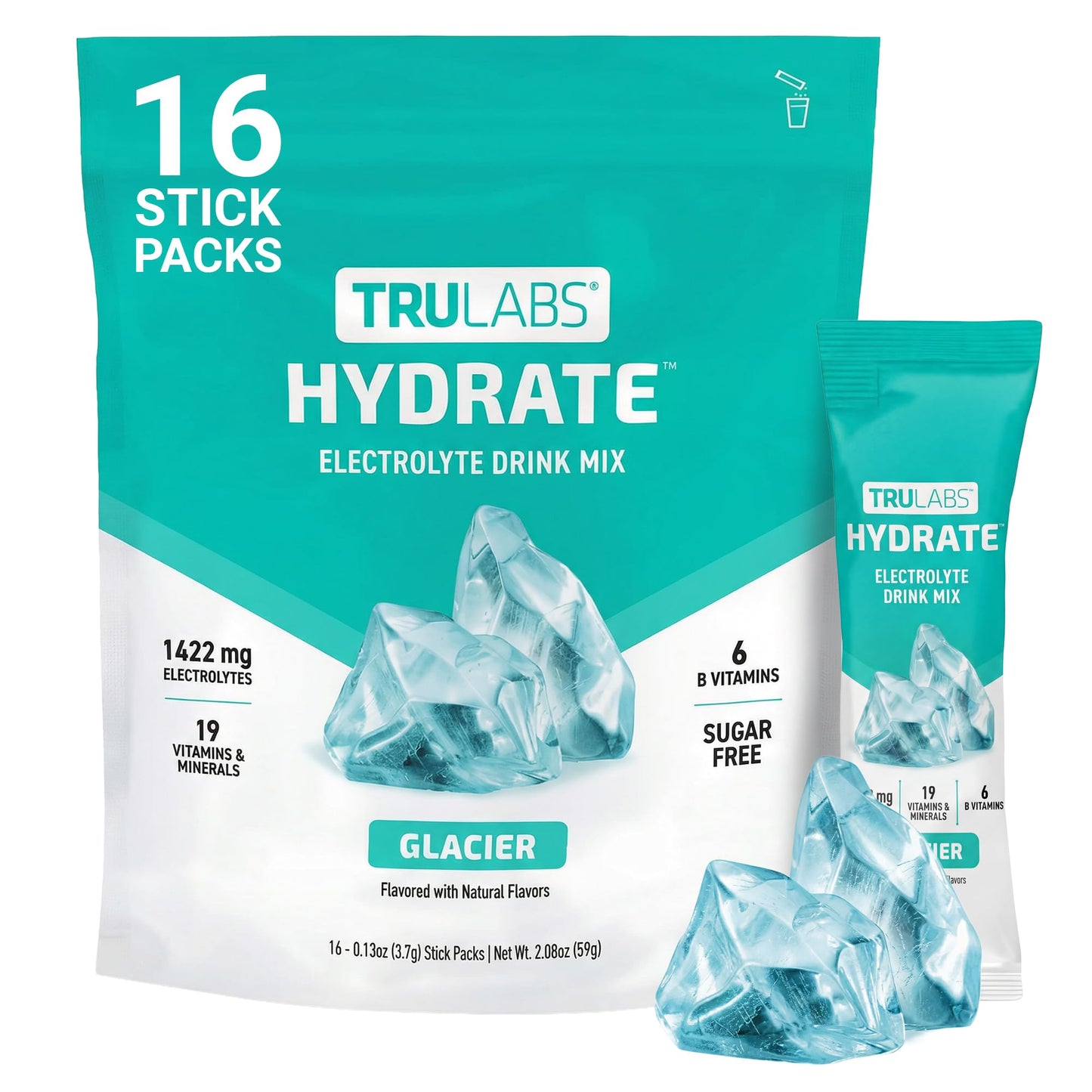 TRULABS Hydrate Electrolyte Drink Mix – Glacier Flavor, Sugar-Free Hydration Packets with 1422 mg Electrolytes & 19 Vitamins & Minerals, Monk Fruit Sweetened, On-the-Go Sticks (16 Count) - Maple Wellness Supplements