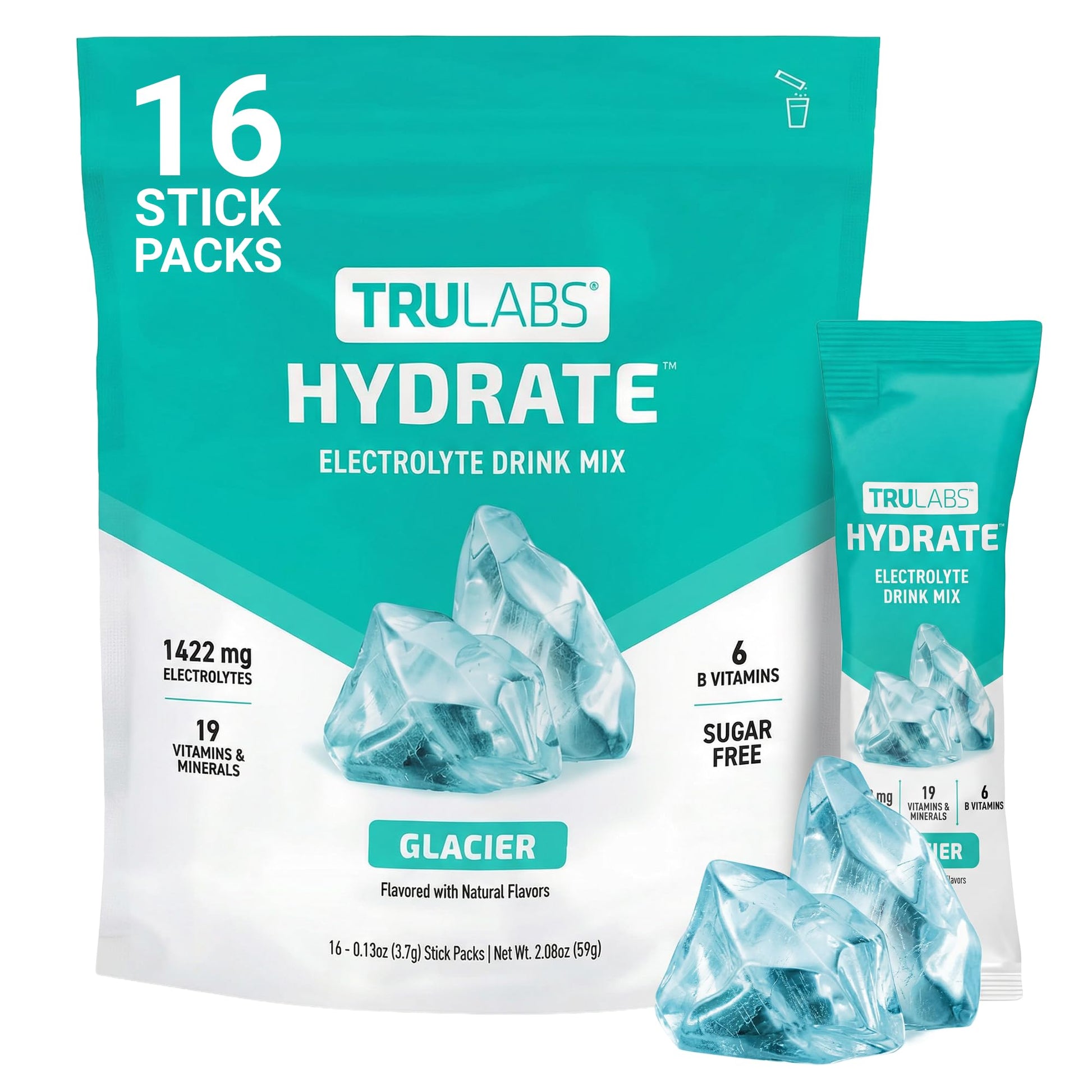 TRULABS Hydrate Electrolyte Drink Mix – Glacier Flavor, Sugar-Free Hydration Packets with 1422 mg Electrolytes & 19 Vitamins & Minerals, Monk Fruit Sweetened, On-the-Go Sticks (16 Count) - Maple Wellness Supplements