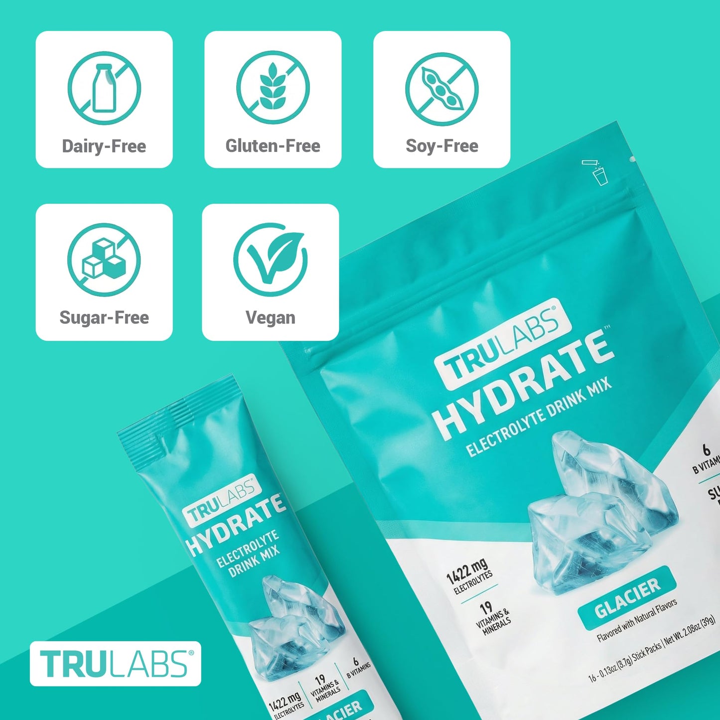 TRULABS Hydrate Electrolyte Drink Mix – Glacier Flavor, Sugar-Free Hydration Packets with 1422 mg Electrolytes & 19 Vitamins & Minerals, Monk Fruit Sweetened, On-the-Go Sticks (16 Count) - Maple Wellness Supplements