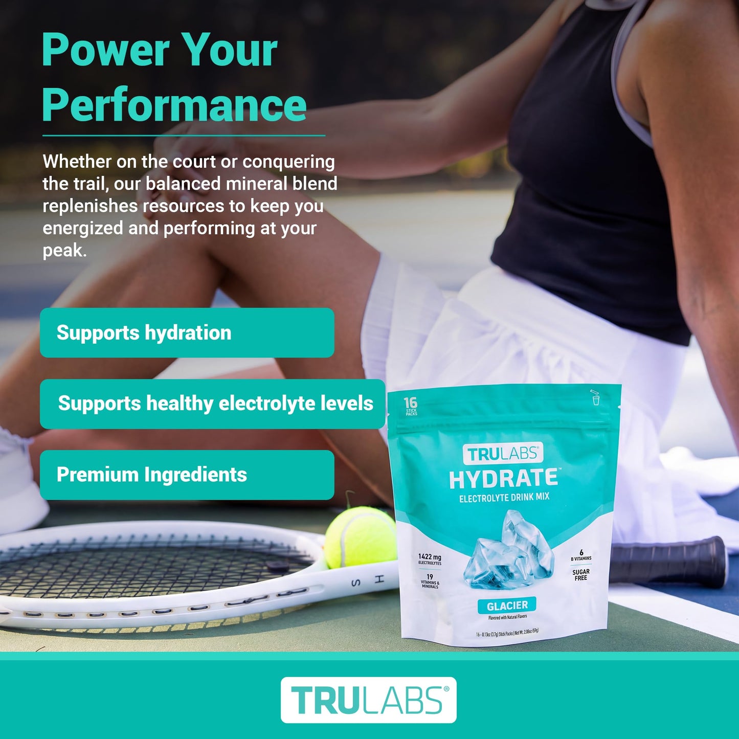 TRULABS Hydrate Electrolyte Drink Mix – Glacier Flavor, Sugar-Free Hydration Packets with 1422 mg Electrolytes & 19 Vitamins & Minerals, Monk Fruit Sweetened, On-the-Go Sticks (16 Count) - Maple Wellness Supplements