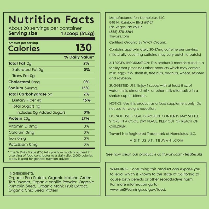 Truvani Organic Vegan Protein Powder Matcha - 20g of Plant Based, Organic Protein - Maple Wellness Supplements