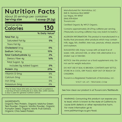 Truvani Organic Vegan Protein Powder Matcha - 20g of Plant Based, Organic Protein - Maple Wellness Supplements