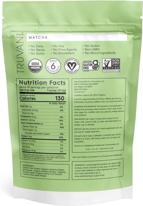 Truvani Organic Vegan Protein Powder Matcha - 20g of Plant Based, Organic Protein - Maple Wellness Supplements