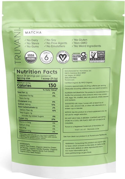 Truvani Organic Vegan Protein Powder Matcha - 20g of Plant Based, Organic Protein - Maple Wellness Supplements