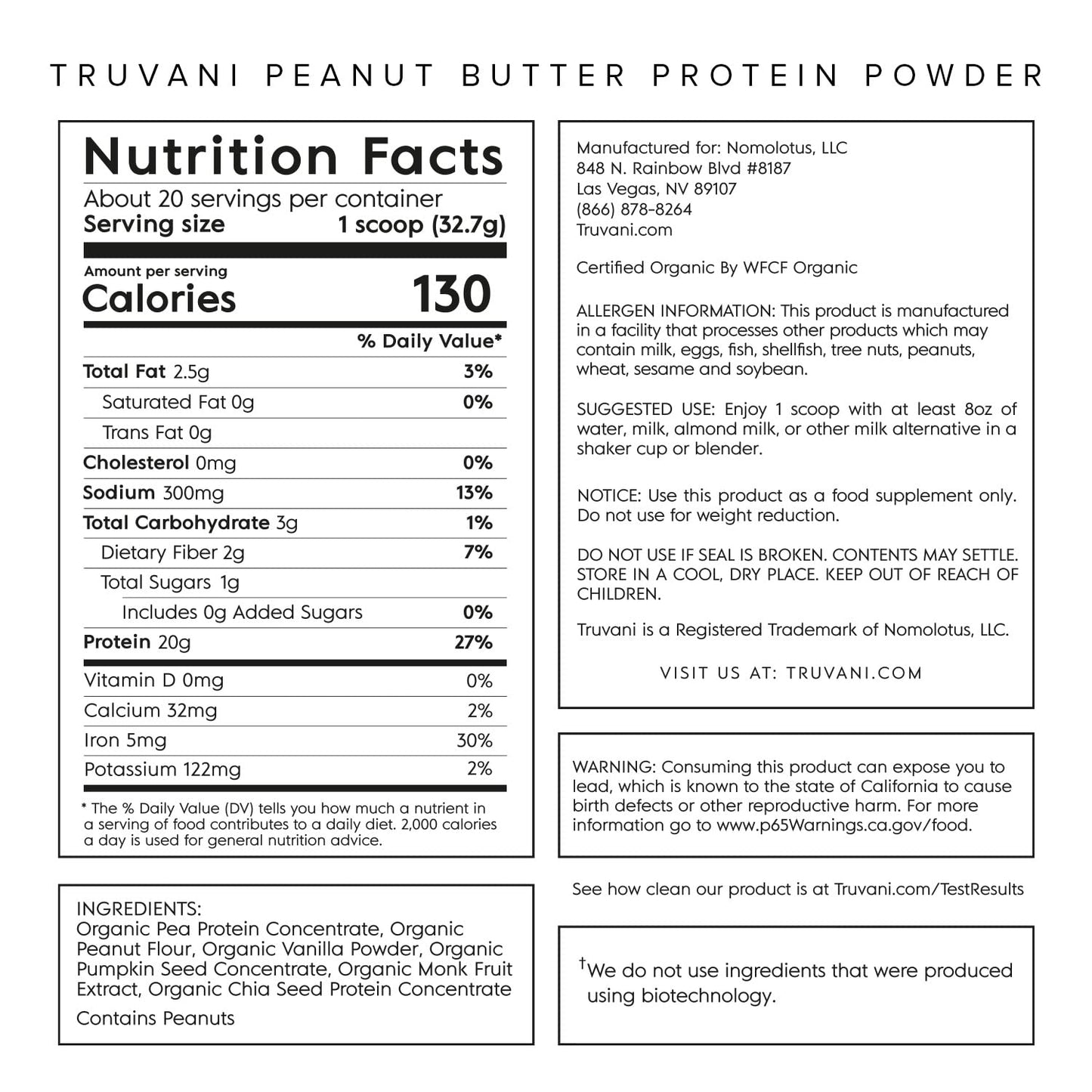 Truvani Organic Vegan Protein Powder Peanut Butter - 20g of Plant Based Protein, Powder - Maple Wellness Supplements