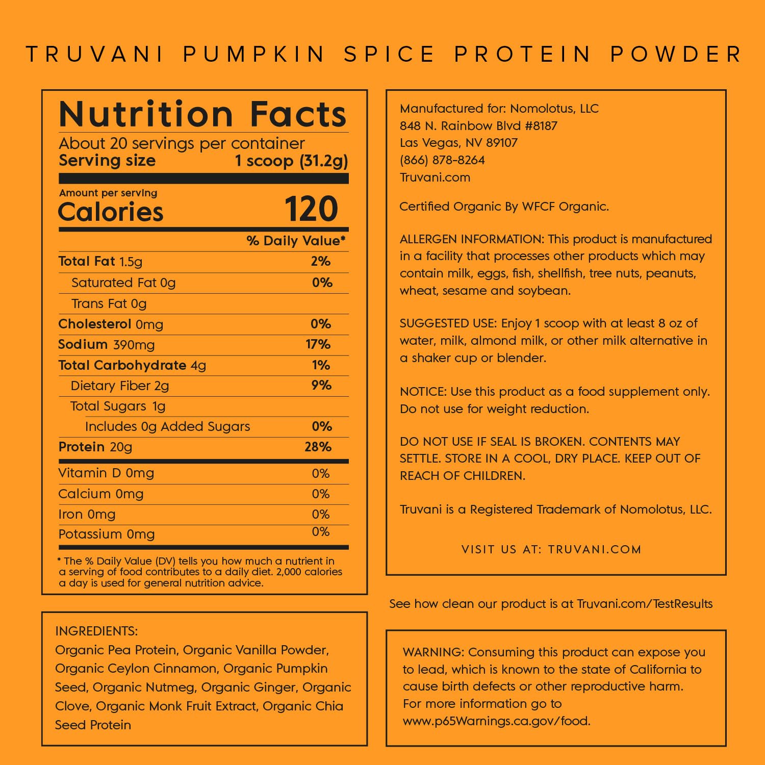 Truvani Organic Vegan Protein Powder Pumpkin Spice - 20g of Plant Based Protein - Maple Wellness Supplements