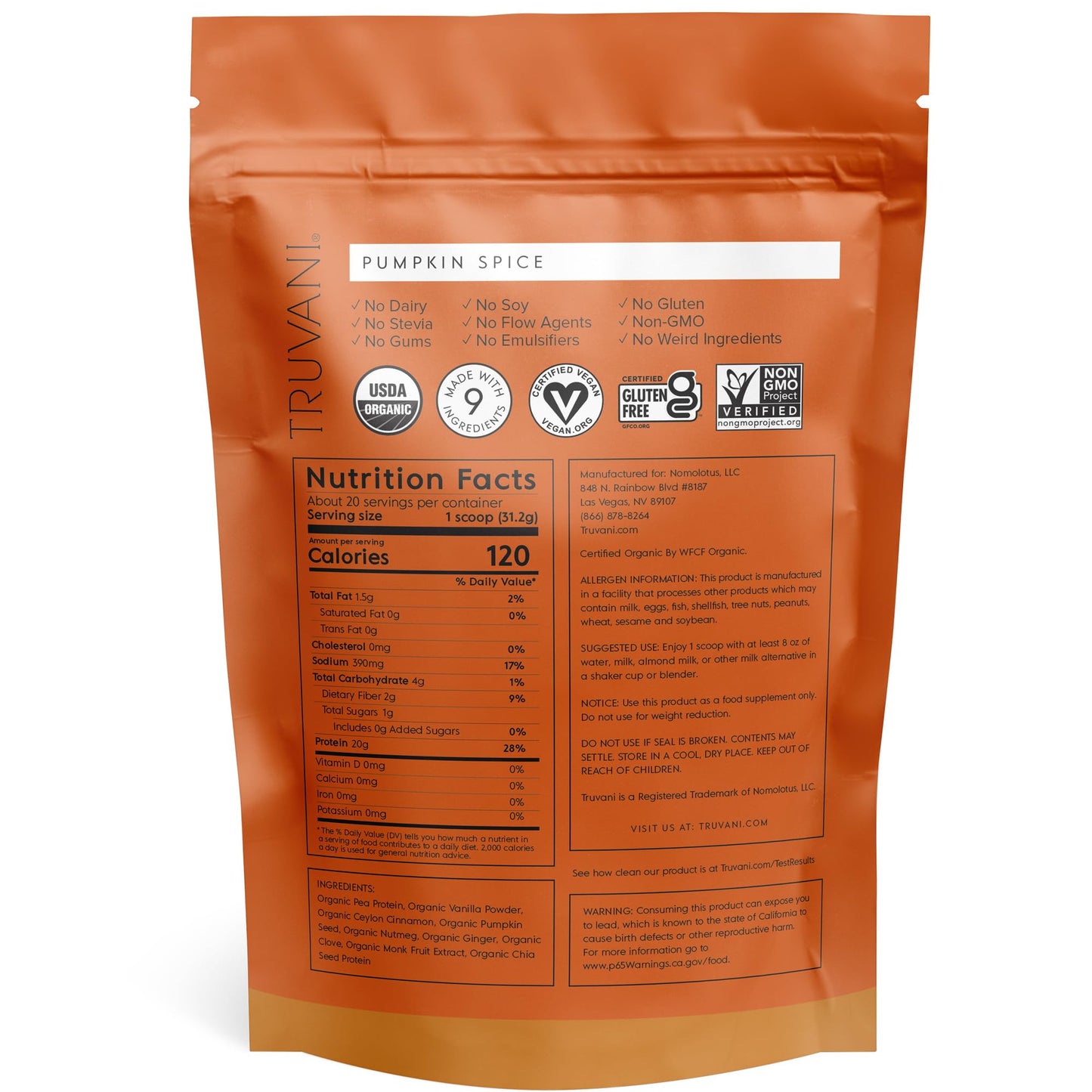 Truvani Organic Vegan Protein Powder Pumpkin Spice - 20g of Plant Based Protein - Maple Wellness Supplements