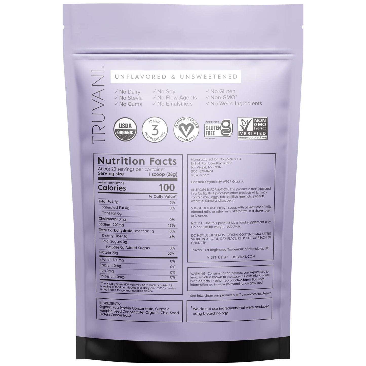 Truvani Organic Vegan Protein Powder Unflavored - 20g of Plant Based Protein, Organic - Maple Wellness Supplements