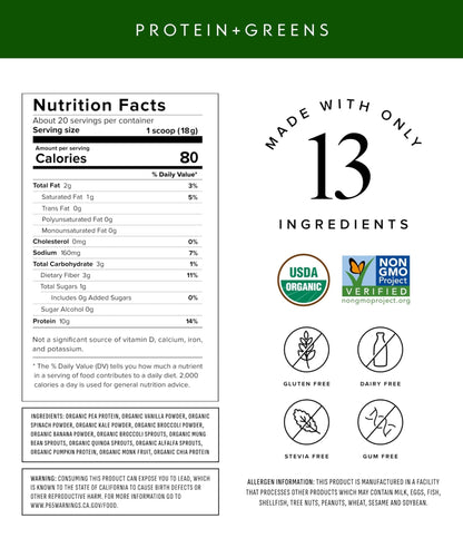 Truvani Protein + Greens Supplement | Spinach, Kale & Broccoli | 10g Organic Plant Based Protein | 20 Servings | USDA Organic | Gluten & Dairy Free - Maple Wellness Supplements