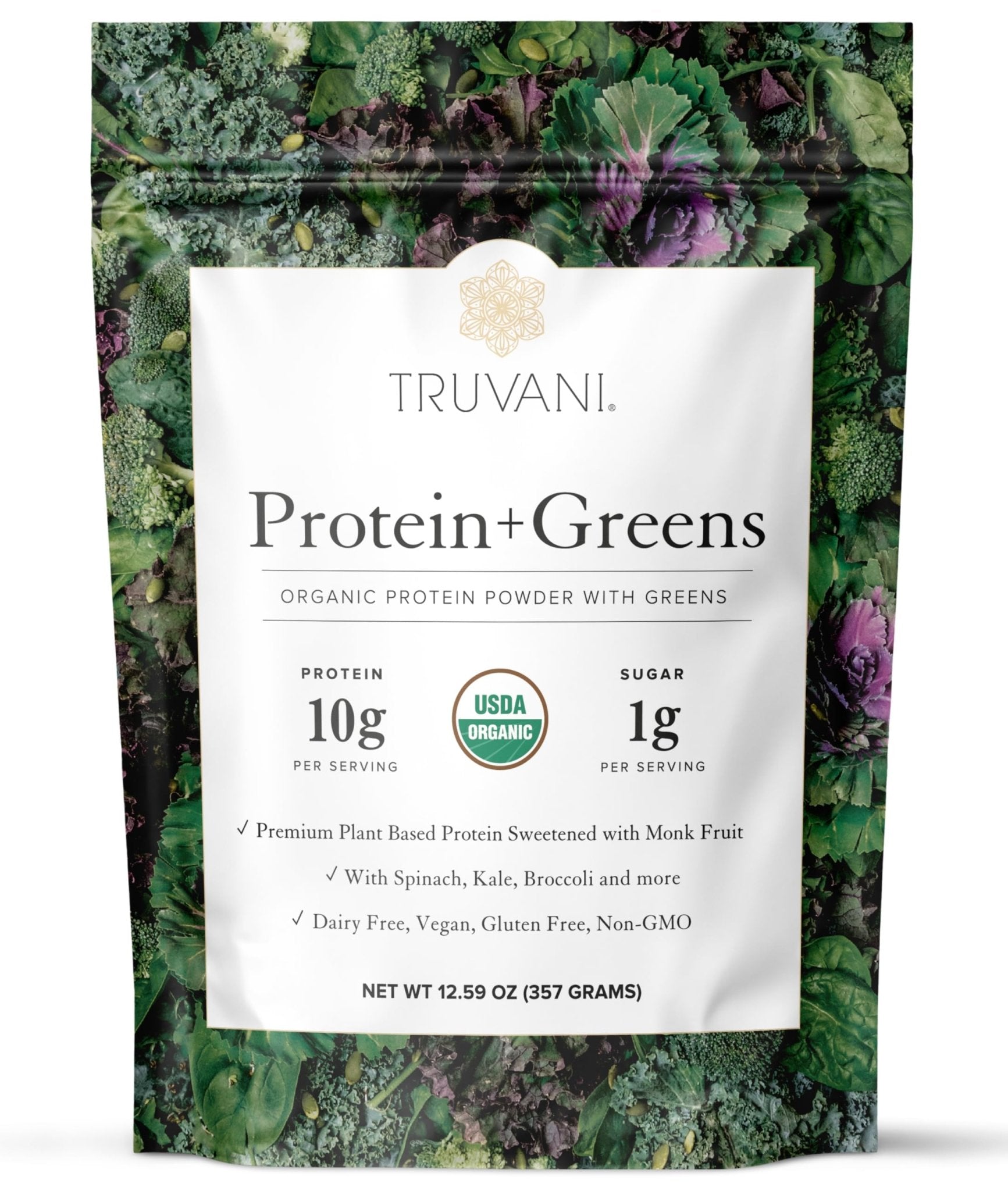 Truvani Protein + Greens Supplement | Spinach, Kale & Broccoli | 10g Organic Plant Based Protein | 20 Servings | USDA Organic | Gluten & Dairy Free - Maple Wellness Supplements