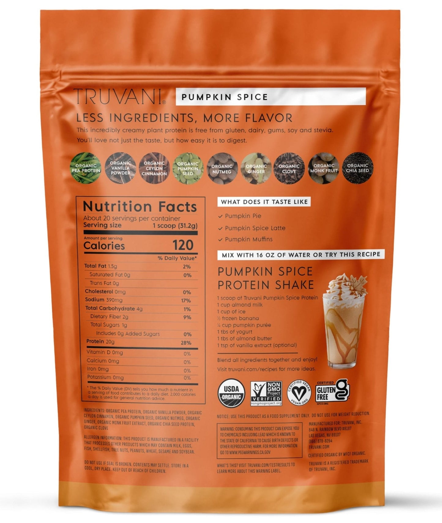 Truvani Vegan Pea Protein Powder | Pumpkin Spice | 20g Organic Plant Based Protein | 20 Servings | Keto | Gluten & Dairy Free - Maple Wellness Supplements