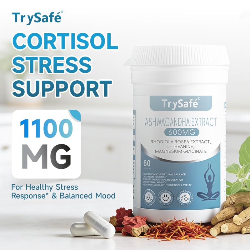 TrySafe 1100MG Cortisol Supplements for Women and Man with 600MG Ashwagandha, 200MG Rhodiola Rosea, 200MG L-Theanine, 100MG Magnesium Glycinate | for Healthy Stress Response*, Mood* - Maple Wellness Supplements