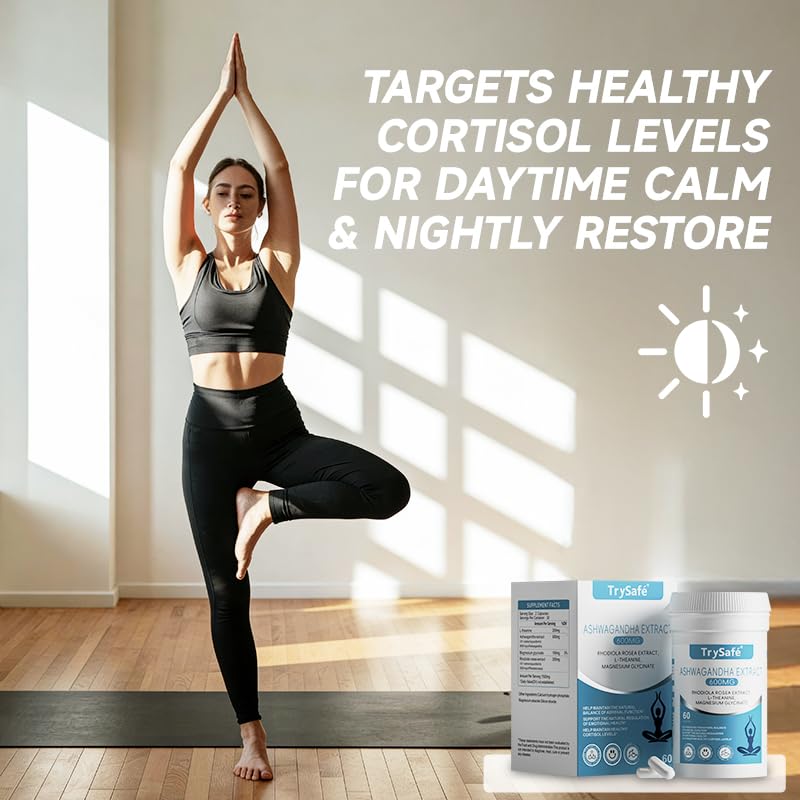 TrySafe 1100MG Cortisol Supplements for Women and Man with 600MG Ashwagandha, 200MG Rhodiola Rosea, 200MG L-Theanine, 100MG Magnesium Glycinate | for Healthy Stress Response*, Mood* - Maple Wellness Supplements