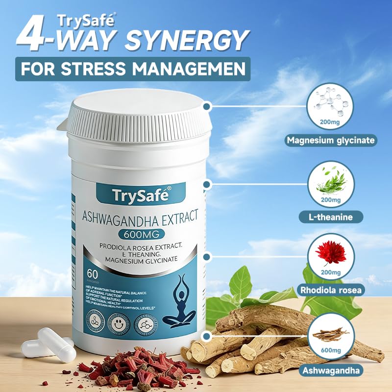TrySafe 1100MG Cortisol Supplements for Women and Man with 600MG Ashwagandha, 200MG Rhodiola Rosea, 200MG L-Theanine, 100MG Magnesium Glycinate | for Healthy Stress Response*, Mood* - Maple Wellness Supplements