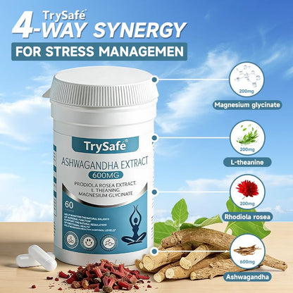 TrySafe 1100MG Cortisol Supplements for Women and Man with 600MG Ashwagandha, 200MG Rhodiola Rosea, 200MG L-Theanine, 100MG Magnesium Glycinate | for Healthy Stress Response*, Mood* - Maple Wellness Supplements
