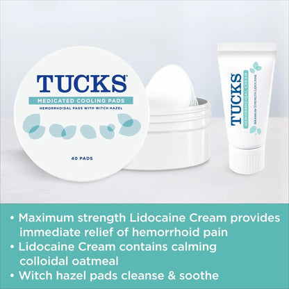 Tucks Multi-Care Relief Kit – 40 Count Witch Hazel Pads & 0.5 oz. Lidocaine Cream - Protects from Irritation, Hemorrhoid Treatment Medicated Pads Used by Hospitals - Maple Wellness Supplements