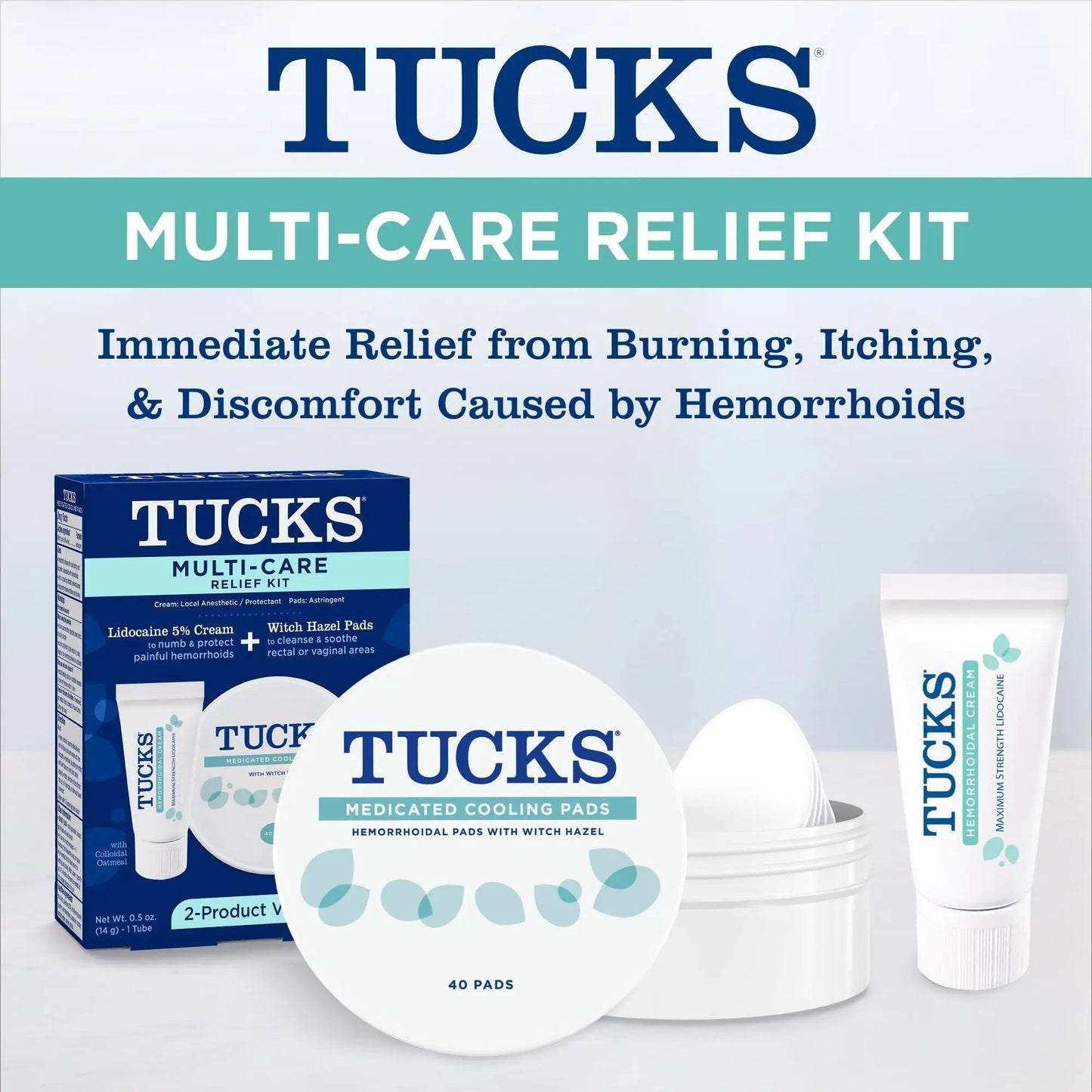 Tucks Multi-Care Relief Kit – 40 Count Witch Hazel Pads & 0.5 oz. Lidocaine Cream - Protects from Irritation, Hemorrhoid Treatment Medicated Pads Used by Hospitals - Maple Wellness Supplements