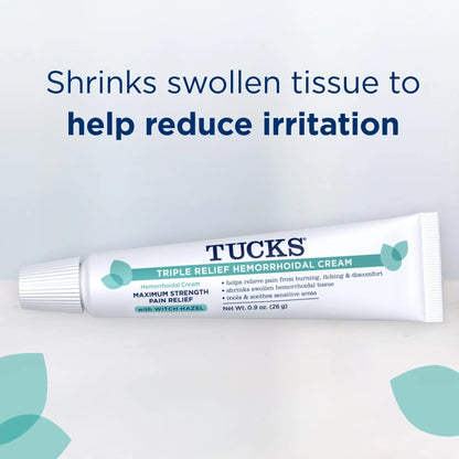 Tucks Triple Relief Hemorrhoidal Cream, Maximum Strength Pain Relief from Burning, Itching and Discomfort, with Witch Hazel, Treatment, Brand Used by Hospitals, 0.9oz. (26g) - Maple Wellness Supplements