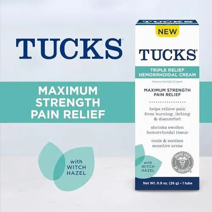 Tucks Triple Relief Hemorrhoidal Cream, Maximum Strength Pain Relief from Burning, Itching and Discomfort, with Witch Hazel, Treatment, Brand Used by Hospitals, 0.9oz. (26g) - Maple Wellness Supplements