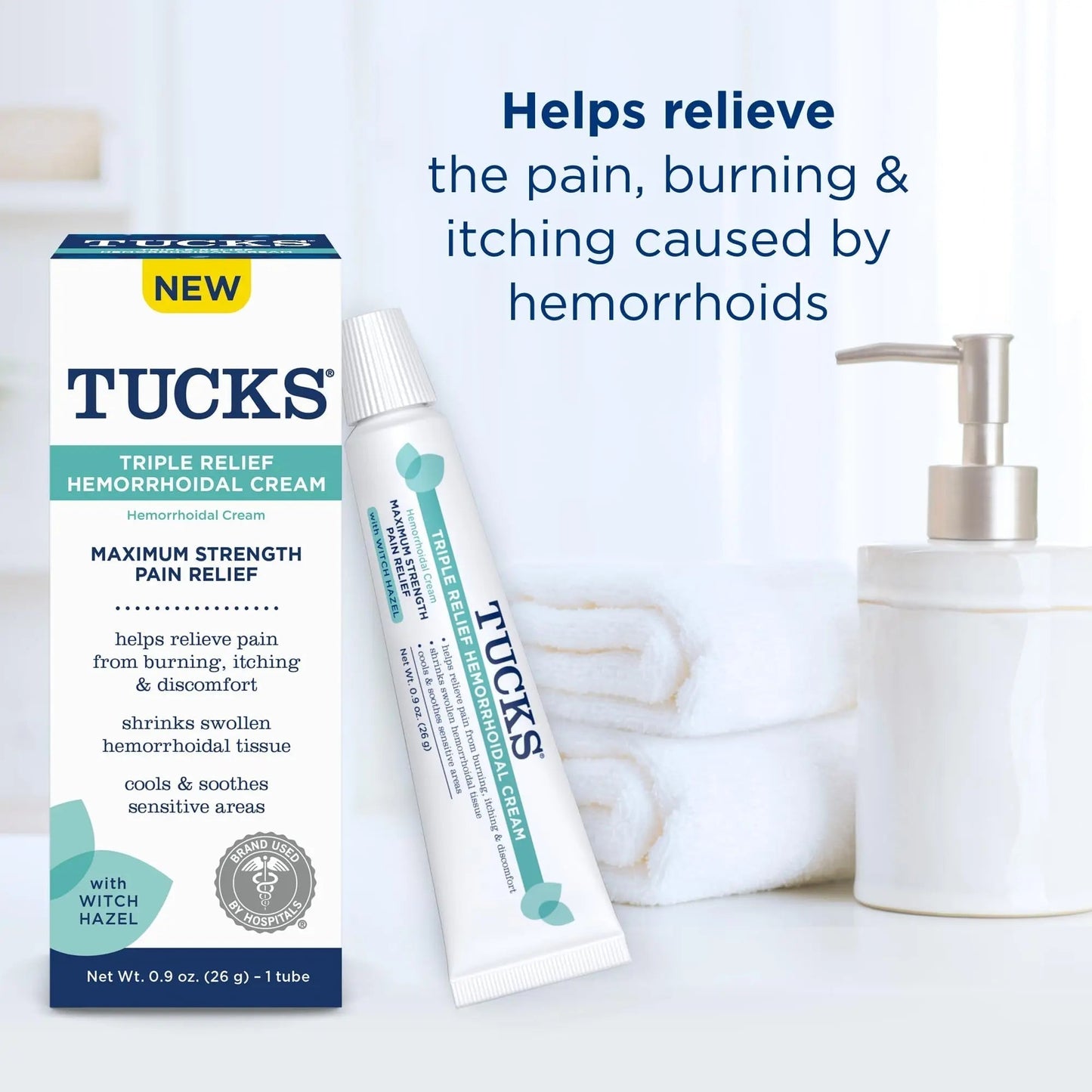 Tucks Triple Relief Hemorrhoidal Cream, Maximum Strength Pain Relief from Burning, Itching and Discomfort, with Witch Hazel, Treatment, Brand Used by Hospitals, 0.9oz. (26g) - Maple Wellness Supplements