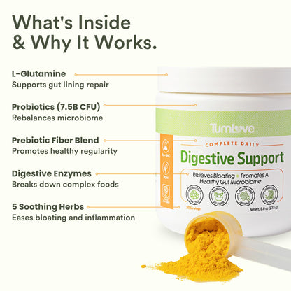 TumLove IBS Relief & Digestive Support Powder – Low FODMAP Certified, Probiotics, Prebiotics, Digestive Enzymes, L-Glutamine & 5 Soothing Herbs - Maple Wellness Supplements