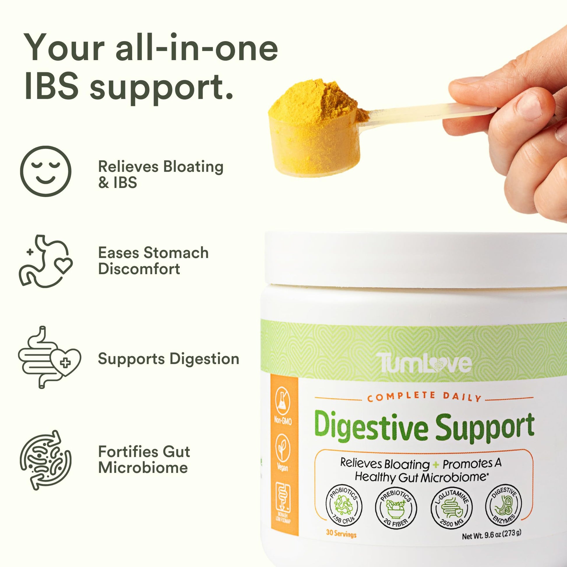 TumLove IBS Relief & Digestive Support Powder – Low FODMAP Certified, Probiotics, Prebiotics, Digestive Enzymes, L-Glutamine & 5 Soothing Herbs - Maple Wellness Supplements