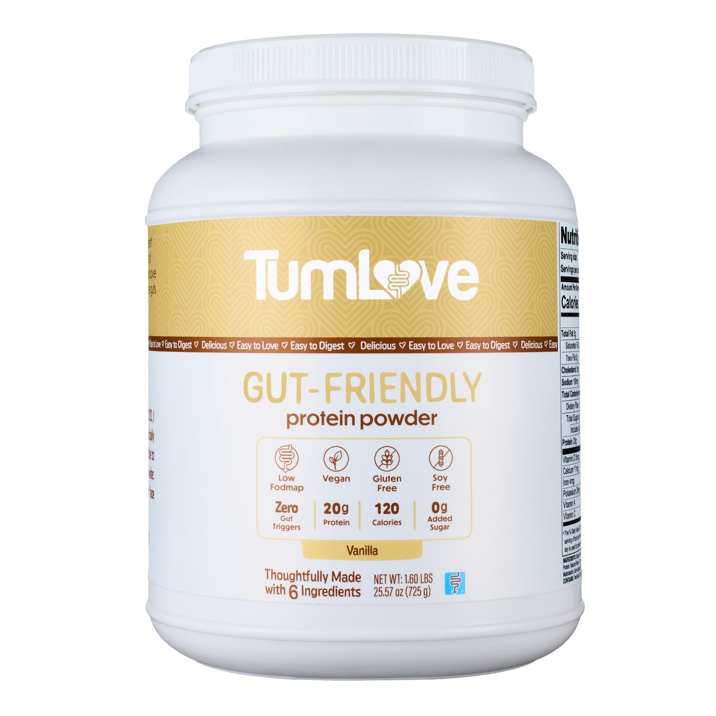 TumLove Vegan Protein Powder - Low FODMAP Certified, Gluten-Free, Dairy-Free, Soy-Free, 100% Gut-Friendly & Non-Bloating, Vanilla (25 Servings) - Maple Wellness Supplements