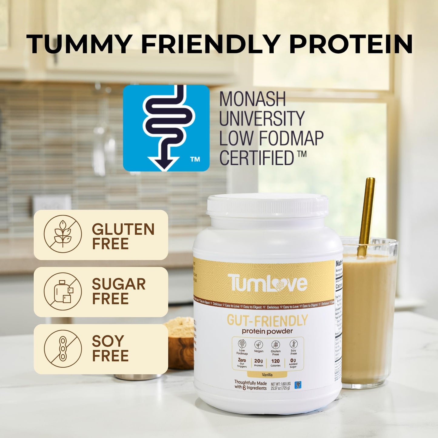 TumLove Vegan Protein Powder - Low FODMAP Certified, Gluten-Free, Dairy-Free, Soy-Free, 100% Gut-Friendly & Non-Bloating, Vanilla (25 Servings) - Maple Wellness Supplements