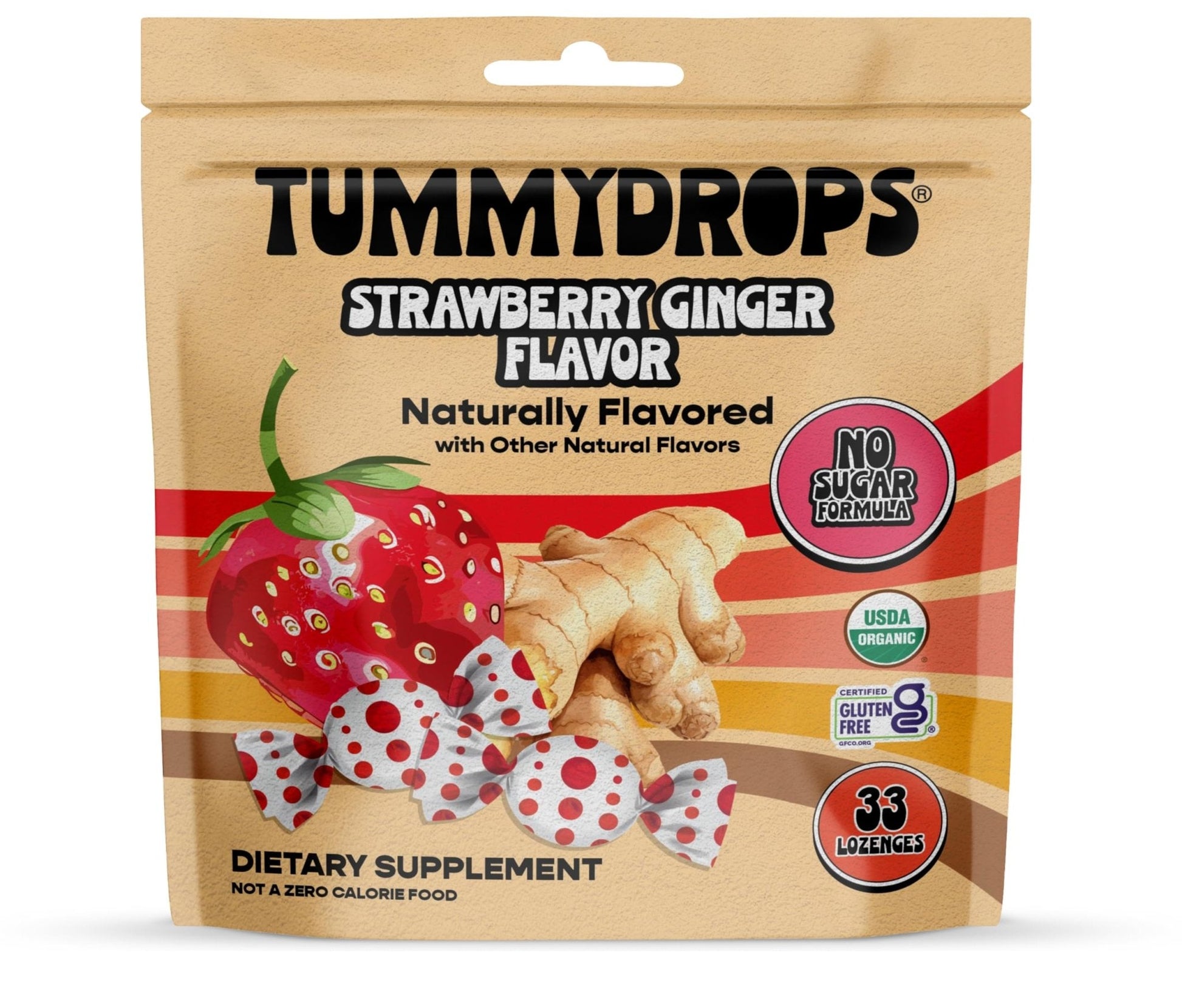Tummydrops, No Sugar Strawberry Ginger Flavor, Gluten Free & Vegan, 33 Individually Wrapped Organic Ginger Lozenges Made with Organic Monkfruit - Maple Wellness Supplements