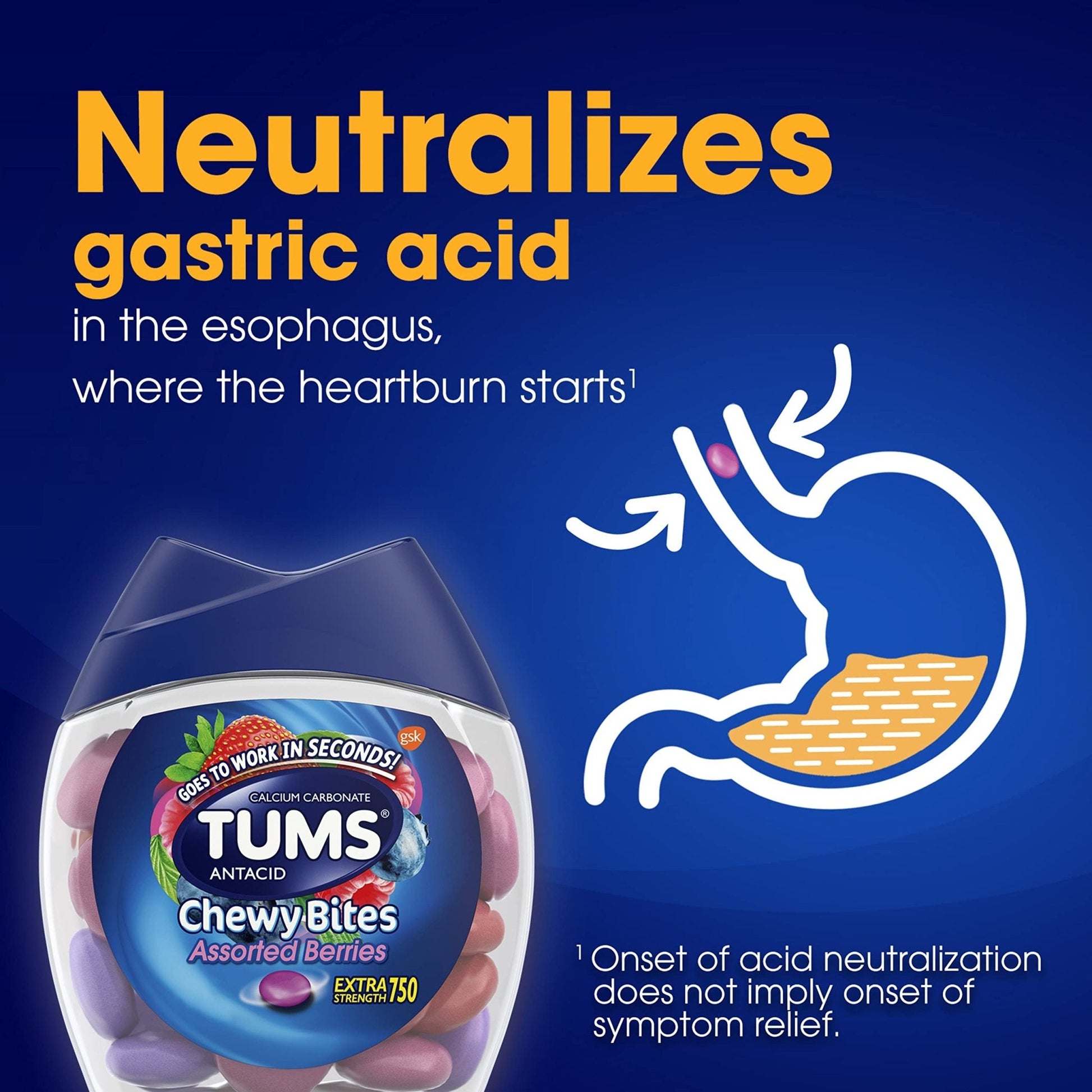TUMS Chewy Bites Antacid Tablets for Chewable Heartburn & Acid Indigestion Relief, Assorted Berries, 32 Count - Maple Wellness Supplements