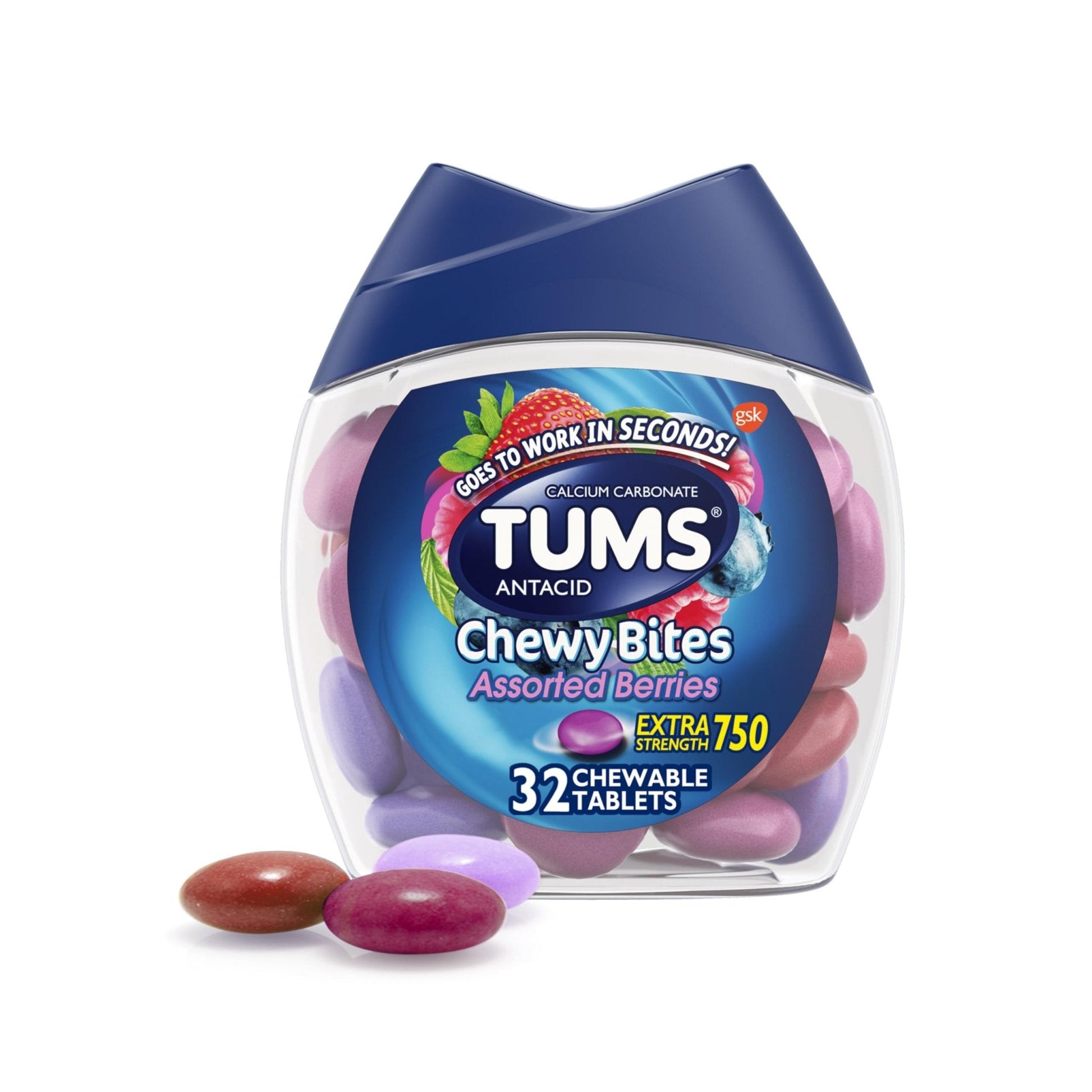 TUMS Chewy Bites Antacid Tablets for Chewable Heartburn & Acid Indigestion Relief, Assorted Berries, 32 Count - Maple Wellness Supplements