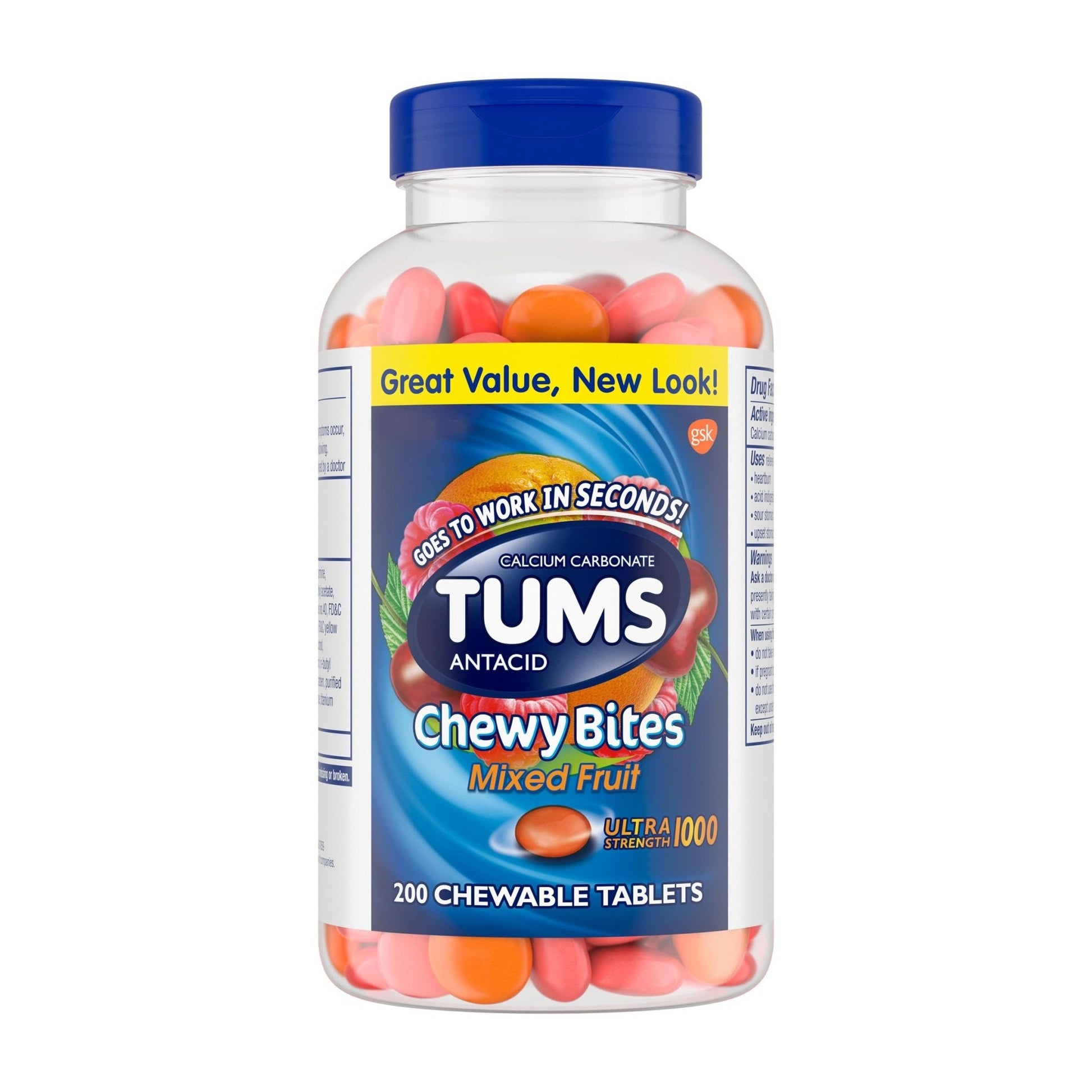 TUMS Chewy Bites Chewable Antacid Tablets for Ultra Strength Heartburn Relief, Great for a Summer BBQ- Mixed Fruit - 200 Count - Maple Wellness Supplements