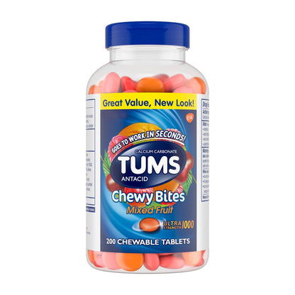 TUMS Chewy Bites Chewable Antacid Tablets for Ultra Strength Heartburn Relief, Great for a Summer BBQ- Mixed Fruit - 200 Count - Maple Wellness Supplements