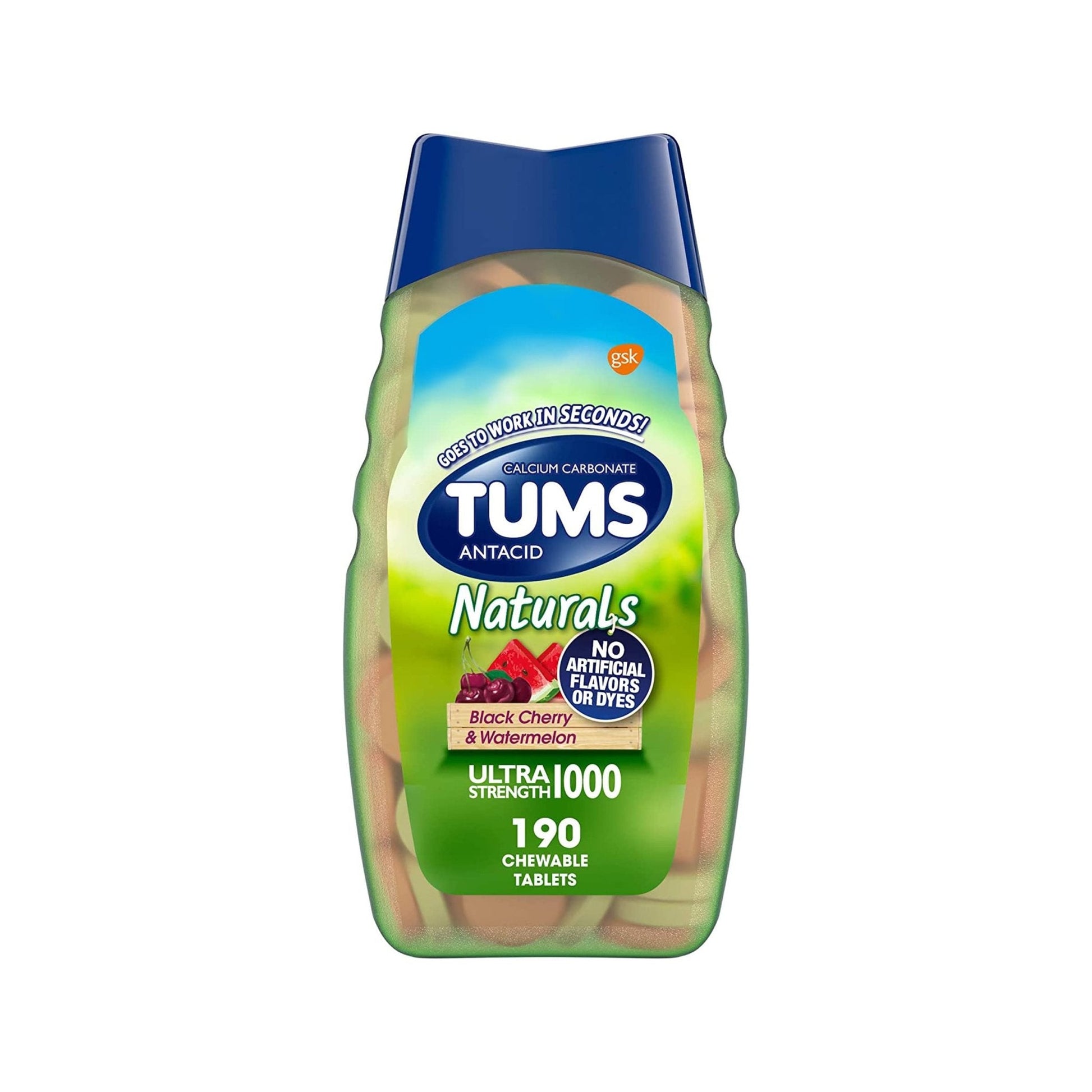TUMS Naturals Ultra Strength Antacid Chews for Heartburn Relief, Great for a Summer BBQ - Black Cherry & Watermelon - 190 Count - Maple Wellness Supplements