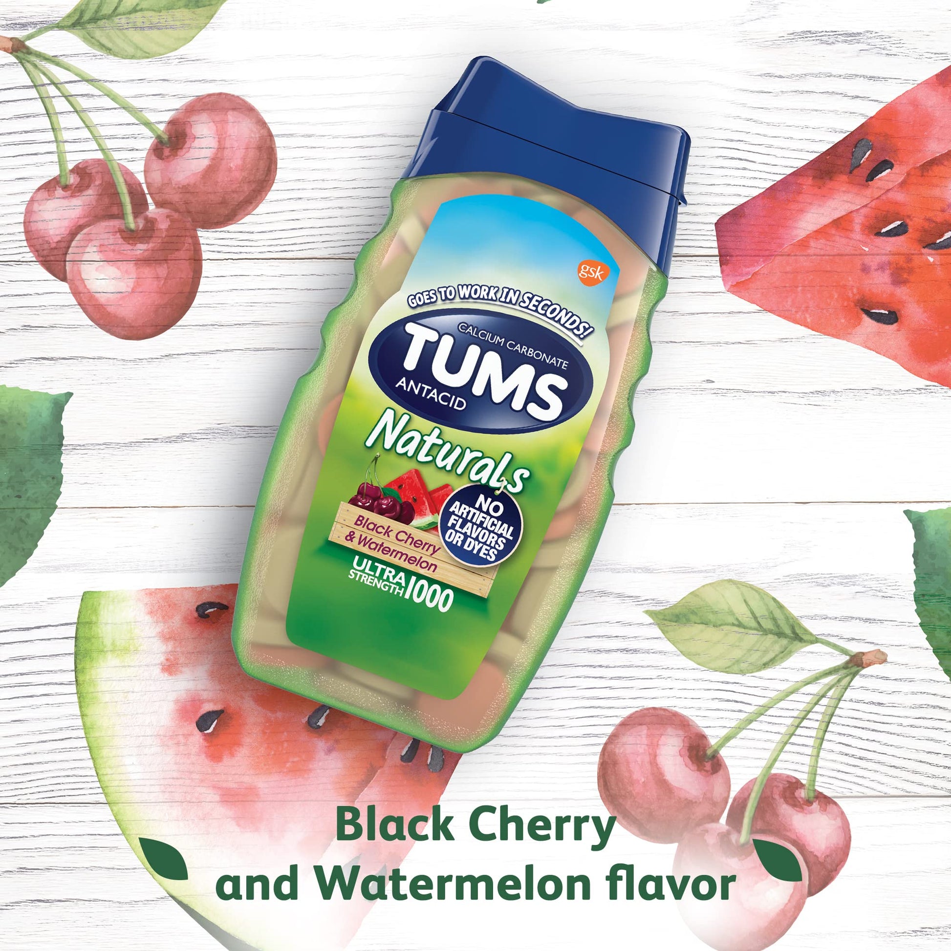 TUMS Naturals Ultra Strength Antacid Chews for Heartburn Relief, Great for a Summer BBQ - Black Cherry & Watermelon - 190 Count - Maple Wellness Supplements