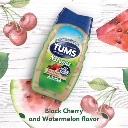 TUMS Naturals Ultra Strength Antacid Chews for Heartburn Relief, Great for a Summer BBQ - Black Cherry & Watermelon - 190 Count - Maple Wellness Supplements
