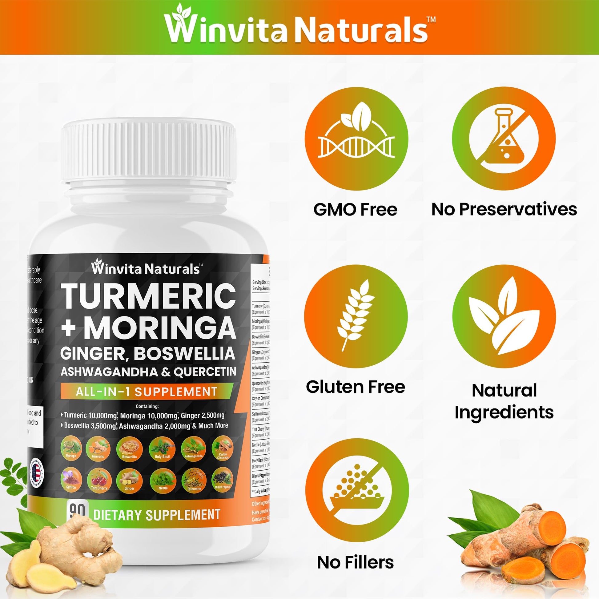 Turmeric Curcumin 10000mg Moringa 10000mg Boswellia 3500mg Ginger 2500mg - Maple Wellness Supplements