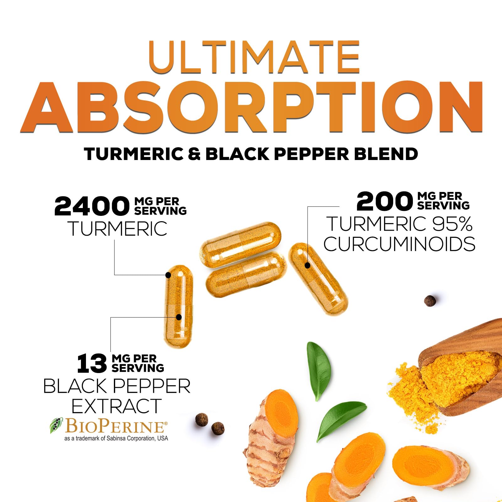 Turmeric Curcumin Supplement - 2400mg Organic Turmeric Per Serving - 95% Curcuminoids & BioPerine Black Pepper Extract for Best Absorption - Natural Vegan Joint Support - Maple Wellness Supplements