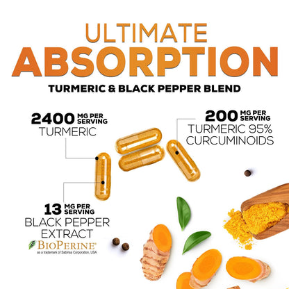 Turmeric Curcumin Supplement - 2400mg Organic Turmeric Per Serving - 95% Curcuminoids & BioPerine Black Pepper Extract for Best Absorption - Natural Vegan Joint Support - Maple Wellness Supplements
