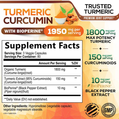 Turmeric Curcumin Supplement - 95% Curcuminoids with Organic Turmeric & BioPerine Black Pepper for Best Absorption - Daily Joint & Immune Health Support - Maple Wellness Supplements