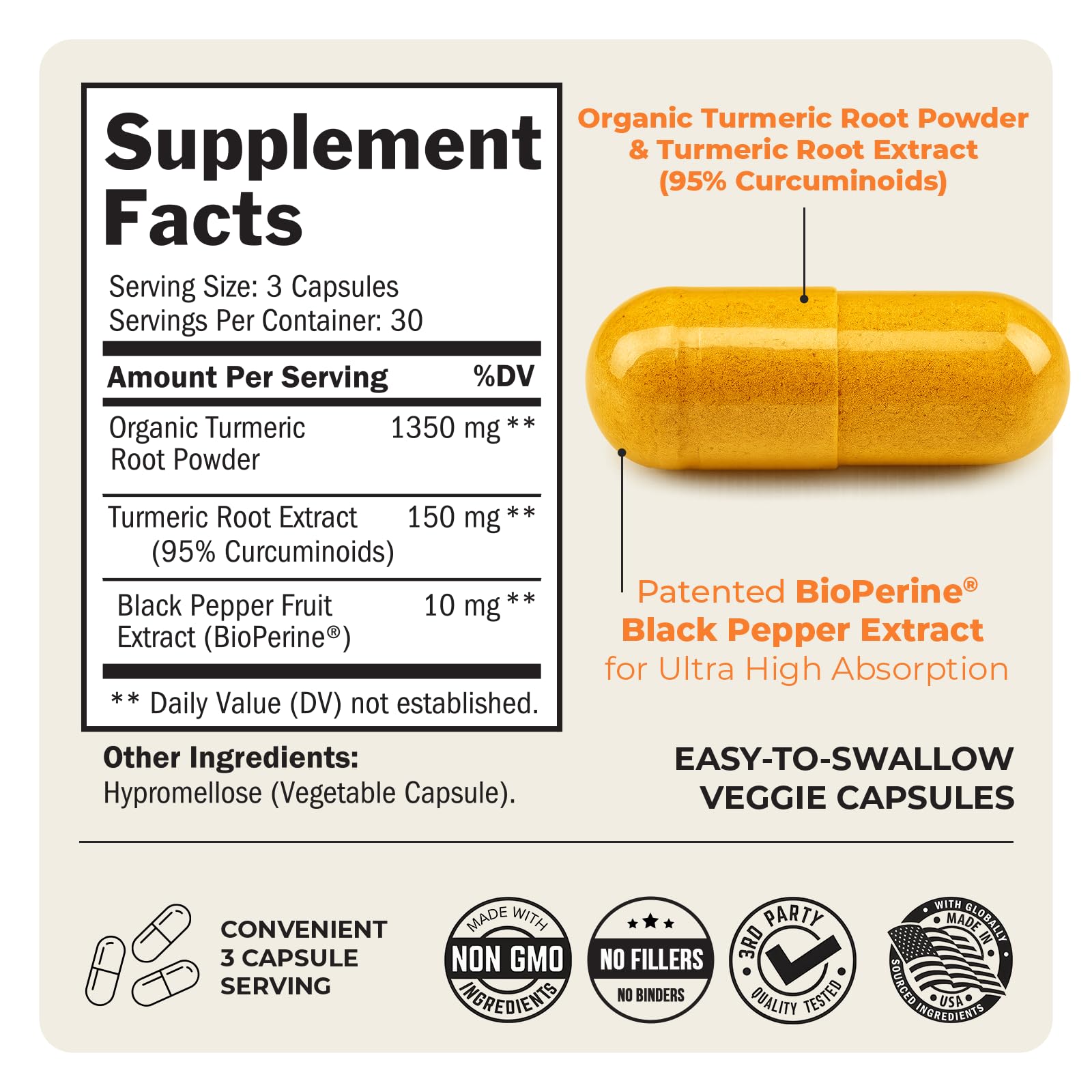 Turmeric Curcumin with Black Pepper Extract 1500mg - High Absorption Ultra Potent Turmeric Supplement with 95% Curcuminoids and BioPerine - Maple Wellness Supplements