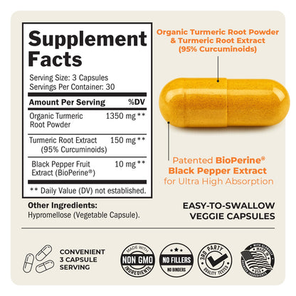 Turmeric Curcumin with Black Pepper Extract 1500mg - High Absorption Ultra Potent Turmeric Supplement with 95% Curcuminoids and BioPerine - Maple Wellness Supplements