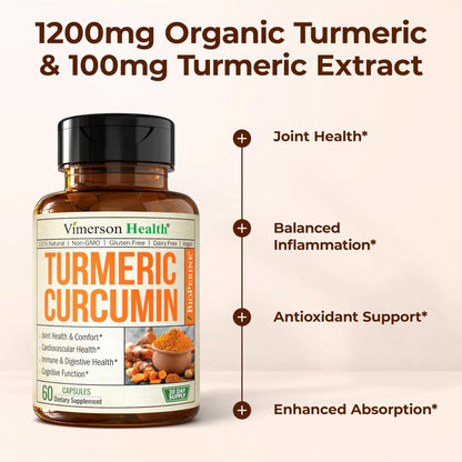 Turmeric with Black Pepper - High Potency Organic 1200mg Turmeric Curcumin Supplement for Joint Support & Digestive Health - Curcumin with Black Pepper - Maple Wellness Supplements