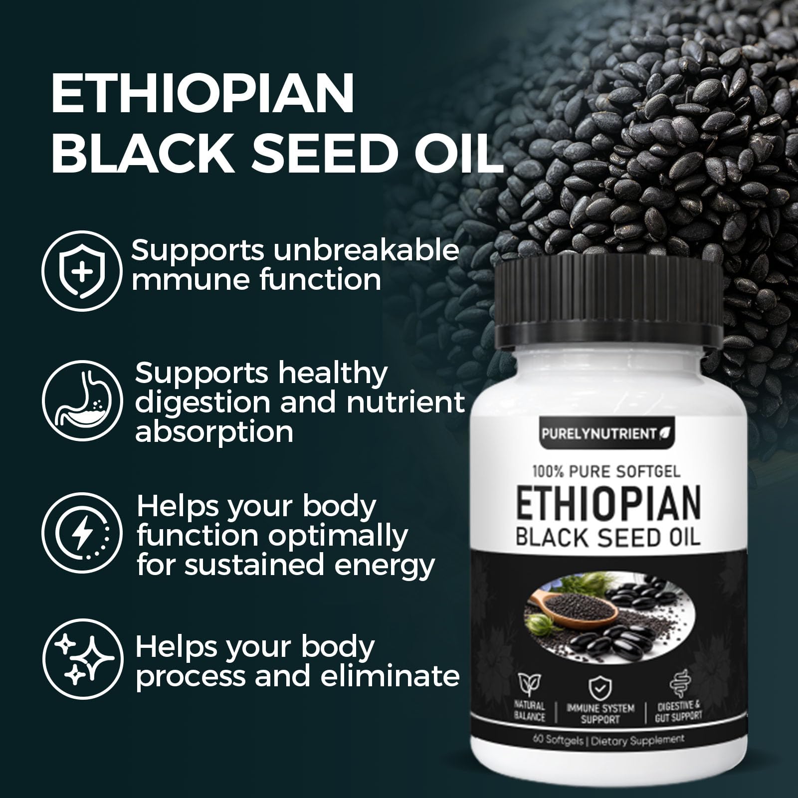 TUVAAZ PURELYNUTRIENT Ethiopian Black Seed Oil Capsules with 4.64% Thymoquinone, Immune Support & Digestion & Energy Booster - Maple Wellness Supplements