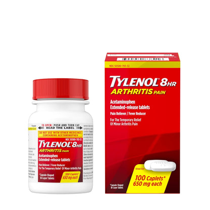 Tylenol 8HR Arthritis Pain Relief Caplets, Fast, Strong Pain Relief, 650 mg Acetaminophen for Minor Arthritis & Joint Pain, Fever Reducer, Extended Release, Won't Irritate Stomach, 100 Count - Maple Wellness Supplements
