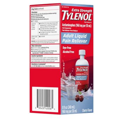 Tylenol Adult Liquid Pain Reliever and Fever Reducer, Extra Strength Liquid Acetaminophen for Fast Pain Relief for Headaches & Other Minor Pain, Cherry Flavor, Dye & Alcohol Free, 8 fl. oz - Maple Wellness Supplements