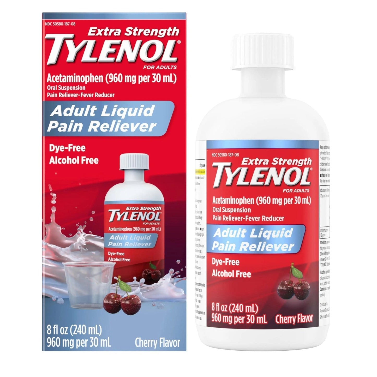 Tylenol Adult Liquid Pain Reliever and Fever Reducer, Extra Strength Liquid Acetaminophen for Fast Pain Relief for Headaches & Other Minor Pain, Cherry Flavor, Dye & Alcohol Free, 8 fl. oz - Maple Wellness Supplements