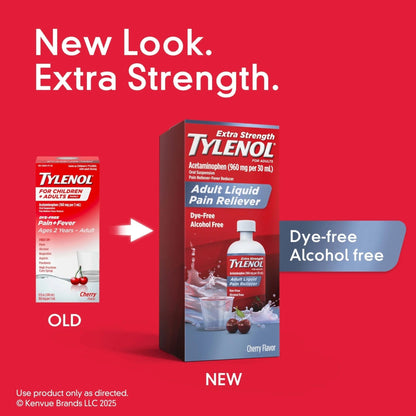 Tylenol Adult Liquid Pain Reliever and Fever Reducer, Extra Strength Liquid Acetaminophen for Fast Pain Relief for Headaches & Other Minor Pain, Cherry Flavor, Dye & Alcohol Free, 8 fl. oz - Maple Wellness Supplements