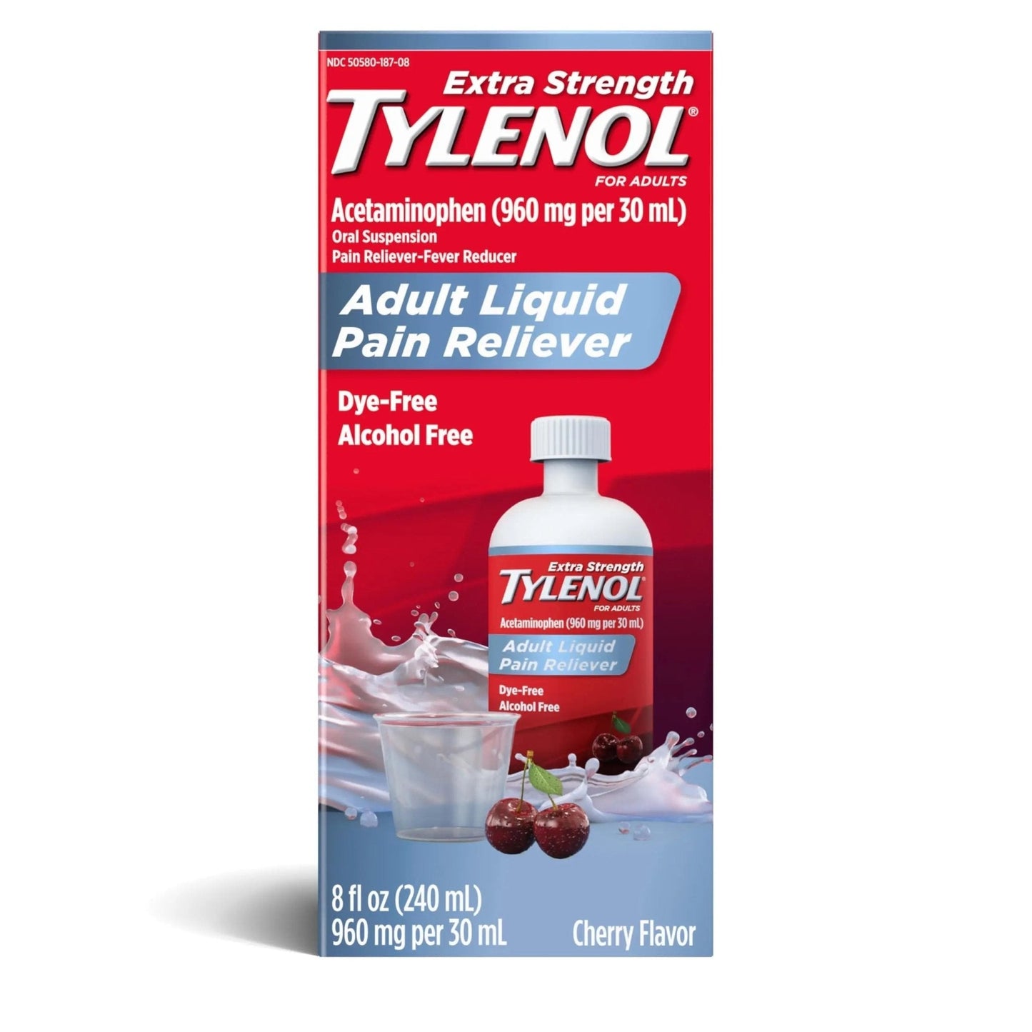 Tylenol Adult Liquid Pain Reliever and Fever Reducer, Extra Strength Liquid Acetaminophen for Fast Pain Relief for Headaches & Other Minor Pain, Cherry Flavor, Dye & Alcohol Free, 8 fl. oz - Maple Wellness Supplements