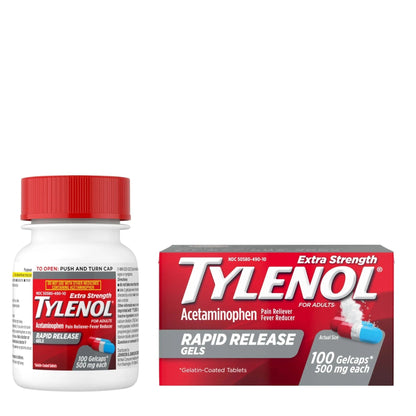 Tylenol Extra Strength Acetaminophen Rapid Release Gels, Fast, Strong Pain Relief, Fever Reducer, 500 mg Gelcaps with Laser‑Drilled Holes for Fast Release, OTC Medicine, 100 Count - Maple Wellness Supplements